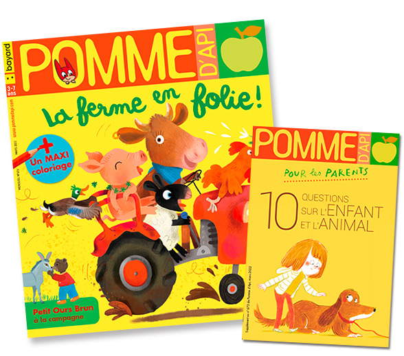 Couverture du magazine Pomme d'Api et son supplément pour les parents, n°673, mars 2022 - La ferme en folie - Maxi coloriages
