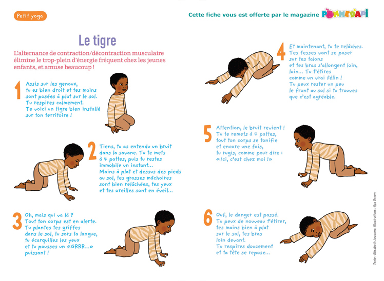 “Le petit yoga”, supplément pour les parents du numéro de novembre 2014 de Pomme d'Api - Texte : Elisabeth Jouanne. Illustrations : Ilya Green.