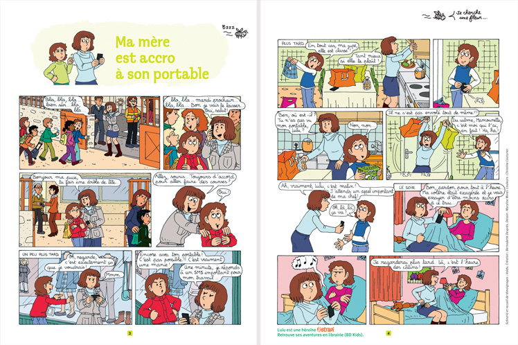 “Ma mère est accro à son portable”, scénario : Valdu ; création : Bernadette Després ; dessin : Marylise Morel ; couleurs : Christine Couturier.