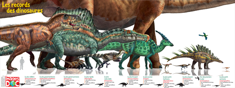 Poster : “Les records des dinosaures”, Images Doc, juin 2015. Textes : Marc Beynié. Illustrations : Franco Tempesta.