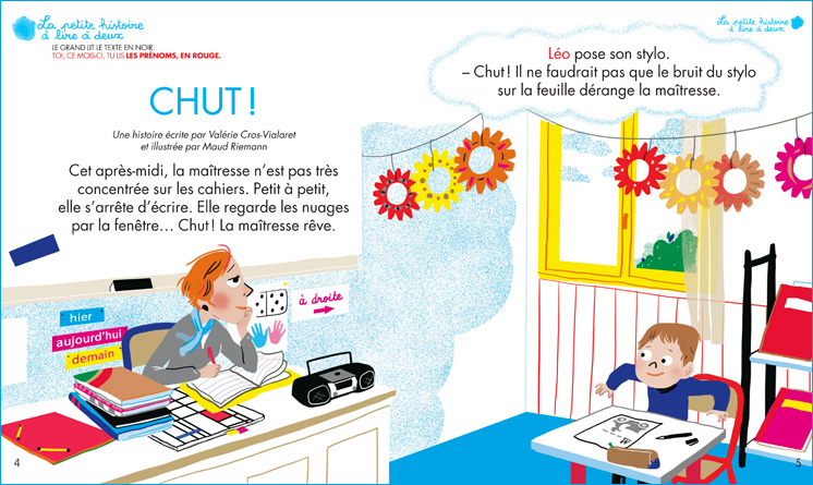 La petite histoire à lire à deux : “CHUT !”, écrite par Valérie Cros-Vialaret et illustrée par Maud Riemann, Mes premiers J'aime lire, septembre 2015.