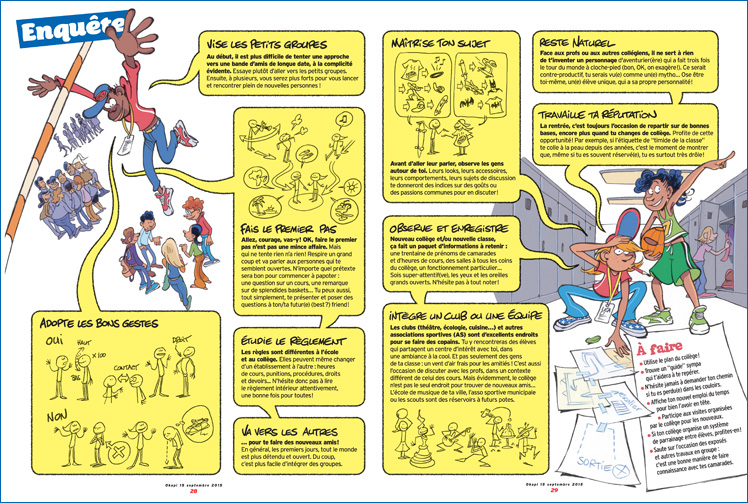 Enquête “Collège : opération intégration”, Okapi du 15 septembre 2015 - Textes : Lucie de la Héronnière - Illustrations : Éric Buche