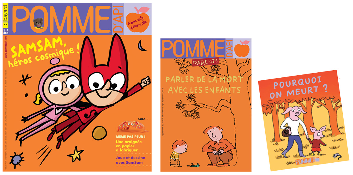 Couverture du numéro de novembre 2016 du magazine Pomme d'Api ; couverture du supplément pour les parents “Parler de la mort avec les enfants” et du livret détachable “Pourquoi on meurt ?” à destination des enfants.