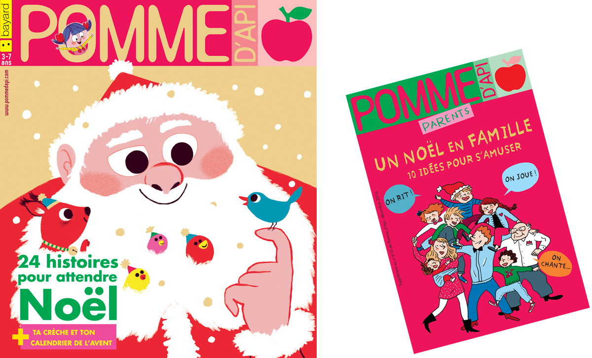 Couvertures du magazine Pomme d'Api et du supplément pour les parents, numéro de décembre actuellement en vente en kiosque