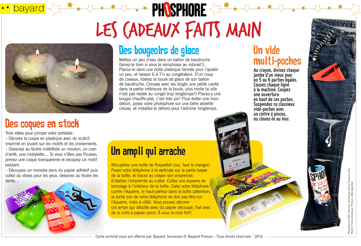 Téléchargez les idées de cadeaux de Noël faits maison - Phosphore n°402. Dossier réalisé par Aziliz Claquin, avec Marie-France Annasse. Photos : Aldo Sperber