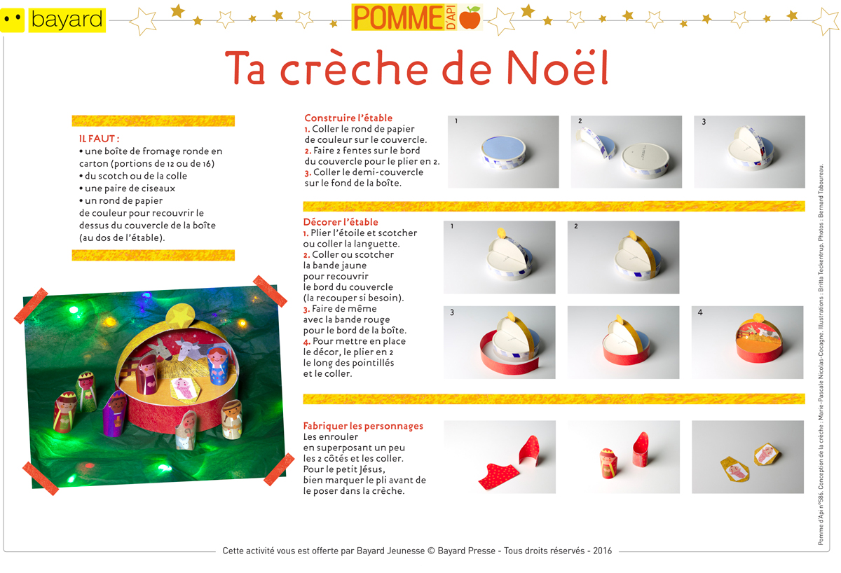 Téléchargez les explications pour réaliser la crèche - Pomme d’Api n°586. Conception de la crèche : Marie-Pascale Nicolas-Cocagne. Illustrations : Britta Teckentrup. Photos : Bernard Taboureau.