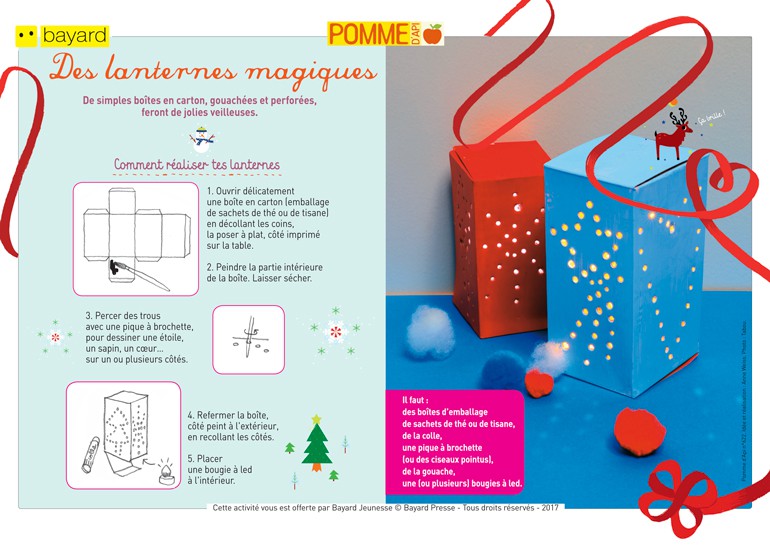 Téléchargez la fiche bricolage pour réaliser les lanternes magiques. Extrait de Pomme d’Api n°622. Idée et réalisation : Anne Weiss. Photo : Tabou.