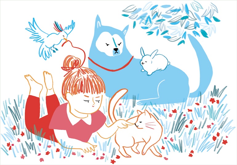 “L'enfant et l'animal : une complicité naturelle”, supplément pour les parents du magazine Pomme d'Api, n° 627, mai 2018. Texte : Anne Bideault - Illustration : Kei Lam.