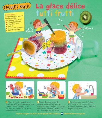 Téléchargez la recette de la glace tutti frutti du magazine Les Belles Histoires n°547, juillet 2018. Recette : Anne Chiumino (conception et réalisation). Photos : Benoît Teillet. Illustrations : Anne Hemstege.