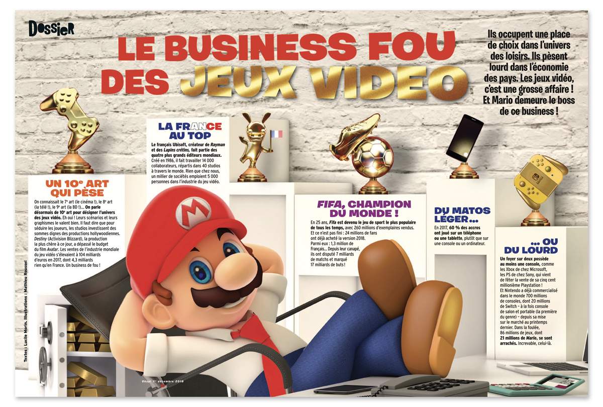 “Le business des jeux vidéo”, Okapi n°1079, 1er décembre 2018. Textes : Lucile Morin. Illustrations : Mathieu Roussel.