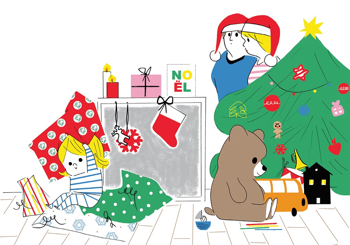 “L’empreinte des premiers Noëls sur un tout-petit”, supplément pour les parents du magazine Popi n° 388, décembre 2018. Texte : Anne Bideault. Illustrations : Sophie Bouxom.