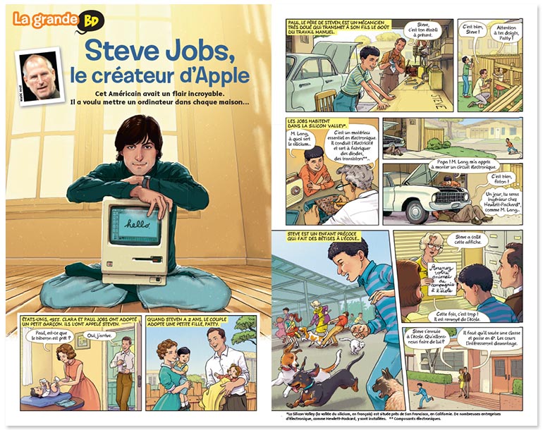 “La grande BD : Steve Jobs, le créateur d'Apple”, Images Doc n° 362, février 2019. Textes : Pascale Bouchié. Illustrations : Didier Éberlé.