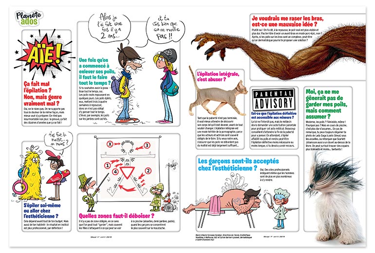 “Tout ce que tu t’es toujours demandé sur les poils”, rubrique “Planète ados”, Okapi n° 1087, 1er avril 2019. Texte : Lucie Tanneau. Illustrations : Mauro Mazzarri. Photos : AdobeStock