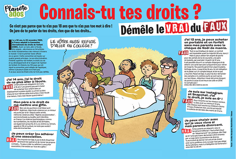 “Connais-tu tes droits ? Démêle le vrai du faux”, Okapi n°1099, 1er novembre 2019. Texte : Amélia Morghadi. Illustrations : Tehem.