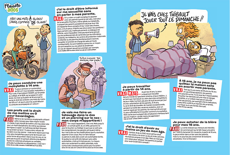 “Connais-tu tes droits ? Démêle le vrai du faux”, Okapi n°1099, 1er novembre 2019. Texte : Amélia Morghadi. Illustrations : Tehem.