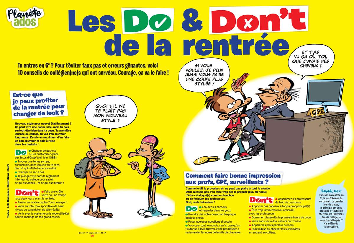 “Les Do & Don’t de la rentrée”, Okapi n°1095, du 1er septembre 2019. Texte : Lola Blassieaux. Illustrations : Dab's.