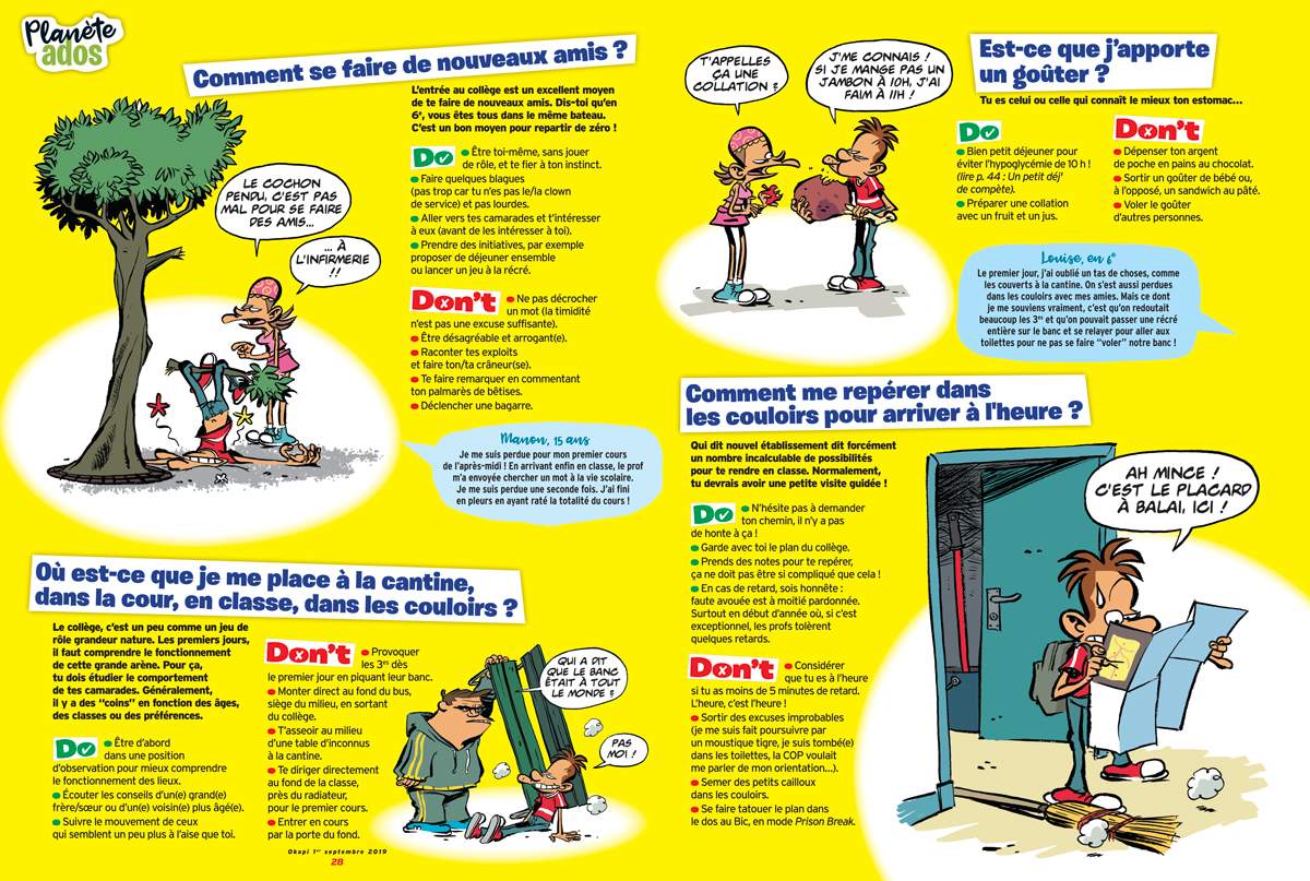 “Les Do & Don’t de la rentrée”, Okapi n°1095, du 1er septembre 2019. Texte : Lola Blassieaux. Illustrations : Dab's.