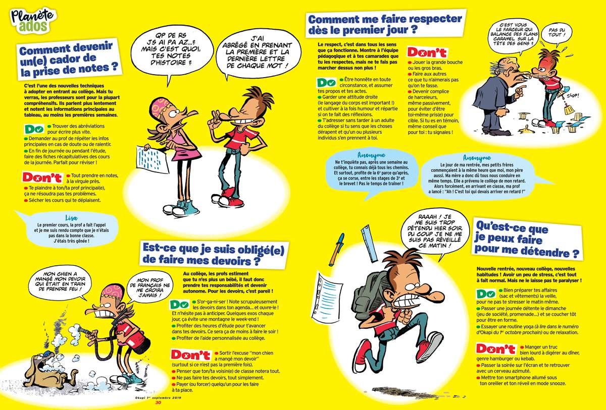 “Les Do & Don’t de la rentrée”, Okapi n°1095, du 1er septembre 2019. Texte : Lola Blassieaux. Illustrations : Dab's.