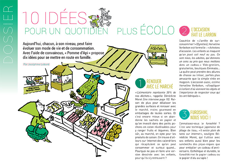 “10 idées pour un quotidien plus écolo”, supplément pour les parents du magazine Pomme d'Api n°651, mai 2020. Texte : Joséphine Lebard. Illustrations : Pascal Lemaître.