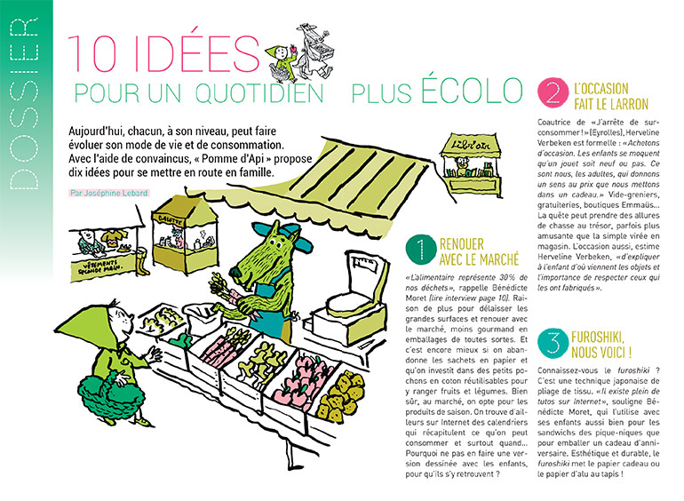 “10 idées pour un quotidien plus écolo”, supplément pour les parents du magazine Pomme d'Api n°651, mai 2020. Texte : Joséphine Lebard. Illustrations : Pascal Lemaître.