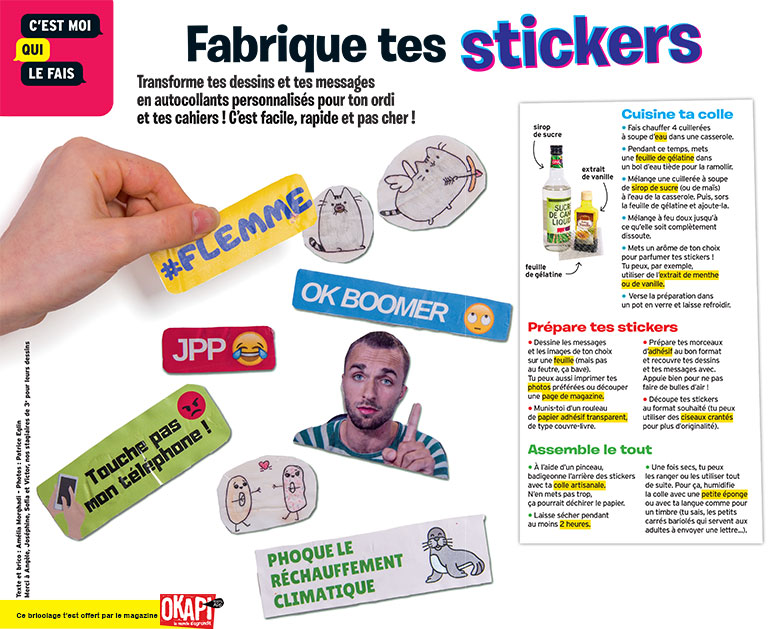 Bricolage “Fabrique tes stickers”, extrait du magazine Okapi n°1110.