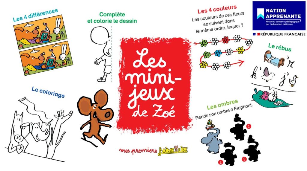 Des jeux de vocabulaire : les mini-jeux de Zoé du magazine Mes premiers J'aime lire pour les lecteurs débutants (6-7 ans).