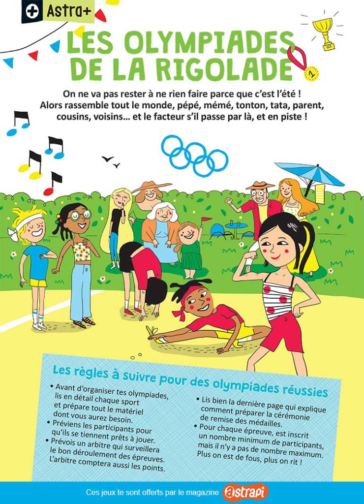 ﻿“Les Olympiades de la rigolade”, Astrapi n°951, 1er juillet 2020.  Conception et texte : Rémi Chaurand. Illustrations : Line Hachem.