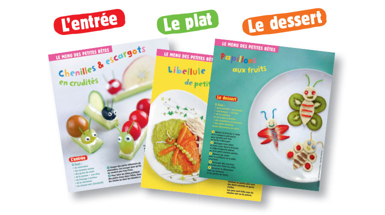 “Le menu des petites bêtes”, supplément pour les parents du magazine Popi de juillet 2017 – Conception, réalisation et photos : Raphaële Vidaling.