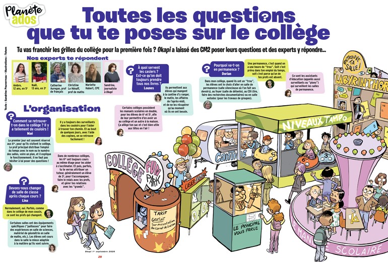 “Toutes les questions que tu te poses sur le collège”, Okapi n°1117, 1er septembre 2020. Texte : Sandrine Pouverreau - Illustrations : Tehem.