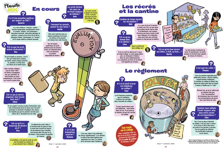 “Toutes les questions que tu te poses sur le collège”, Okapi n°1117, 1er septembre 2020. Texte : Sandrine Pouverreau - Illustrations : Tehem.