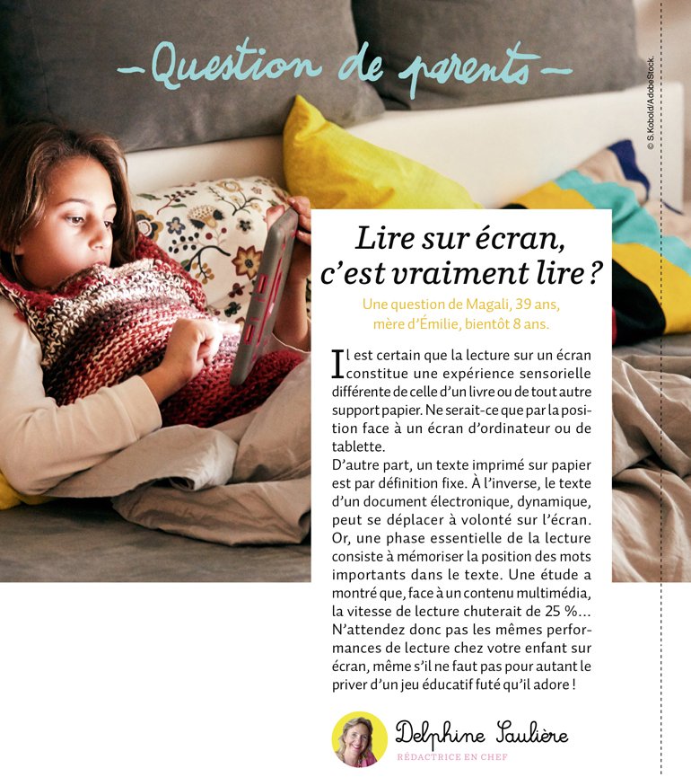 “Question de parents : Lire sur écran, c'est vraiment lire ?”, Mes premiers J'aime lire, n°219, novembre 2020 © S.Kobold/AdobeStock.