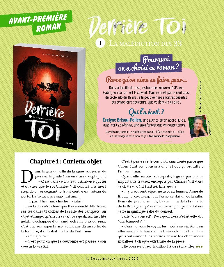 “Derrière toi, la malédiction des 33” d’Évelyne Brisou-Pellen. Extrait à lire en avant-première dans le magazine Je Bouquine de septembre 2020.