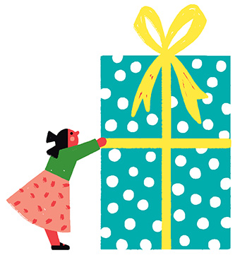 “Cadeaux de Noël : trouver la juste mesure”, supplément pour les parents du magazine Popi n°412, décembre 2020. Texte : Christine Lamiable. Illustrations : Liuna Virardi.