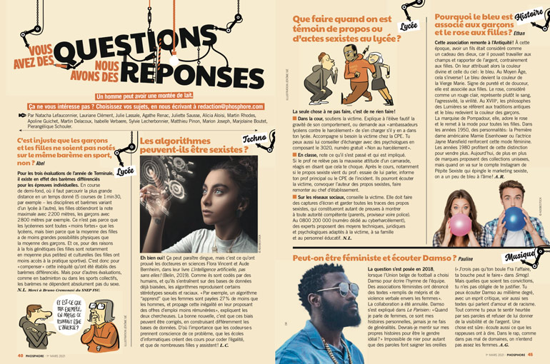 Égalité filles-garçons, où en est-on ? Phosphore n°505, 1er mars 2021 - “Vous avez des questions, nous avons des réponses”