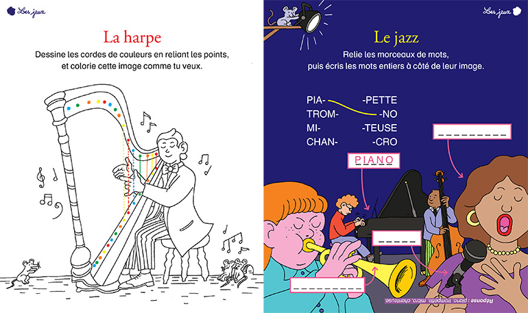 “En avant la musique !”, jeux pour les 6-7 ans. Illustration : Émilie Clarke. La harpe - Le jazz