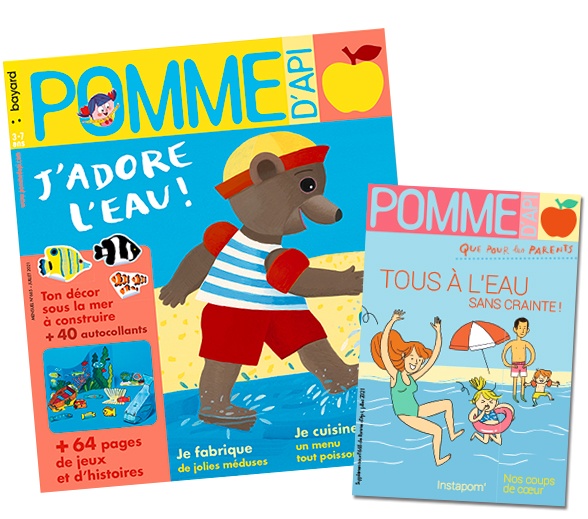 Couverture du magazine Pomme d'Api, n°665, juillet 2021 et son supplément pour les parents : “Tous à l'eau sans crainte !”