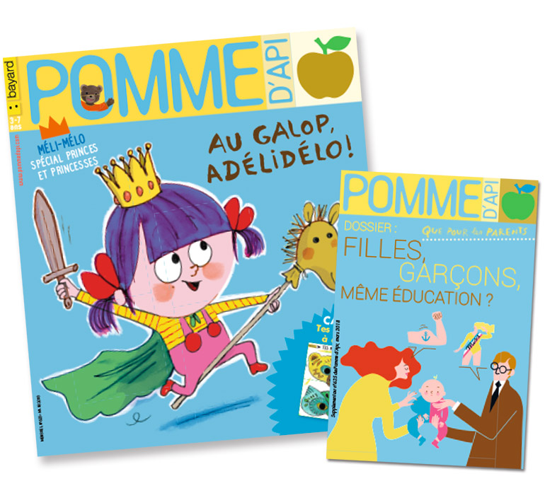 “Filles-garçons, même éducation ?”, supplément pour les parents du magazine Pomme d’Api, mars 2018. Texte : Anne Bideault. Illustrations : Séverine Assous.