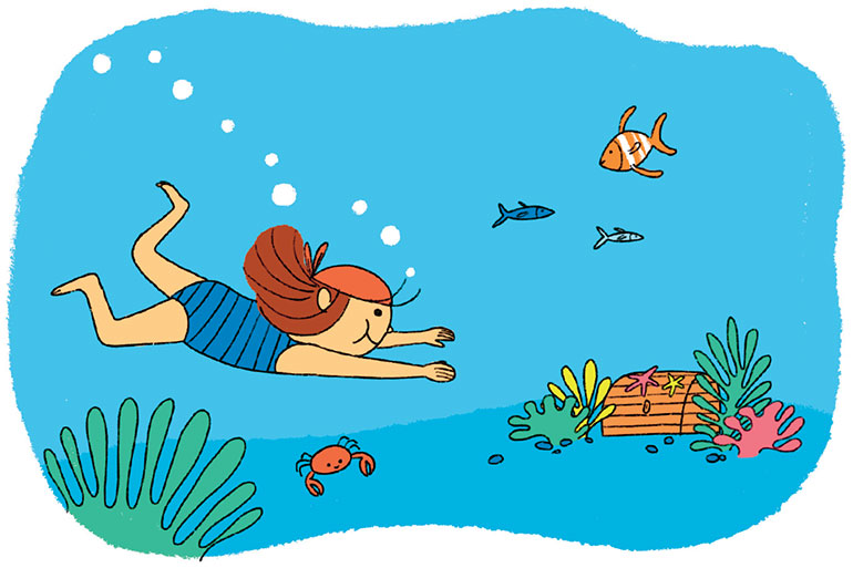 Dans l'eau, se mettre à la hauteur de son enfant et de ses sensations. Illustrations : Aki.