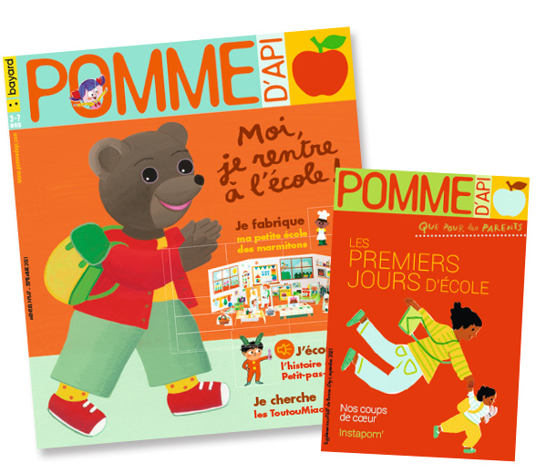 Couverture du magazine Pomme d'Api, n°667, septembre 2021, et son supplément pour les parents “Les premiers jours d'école”