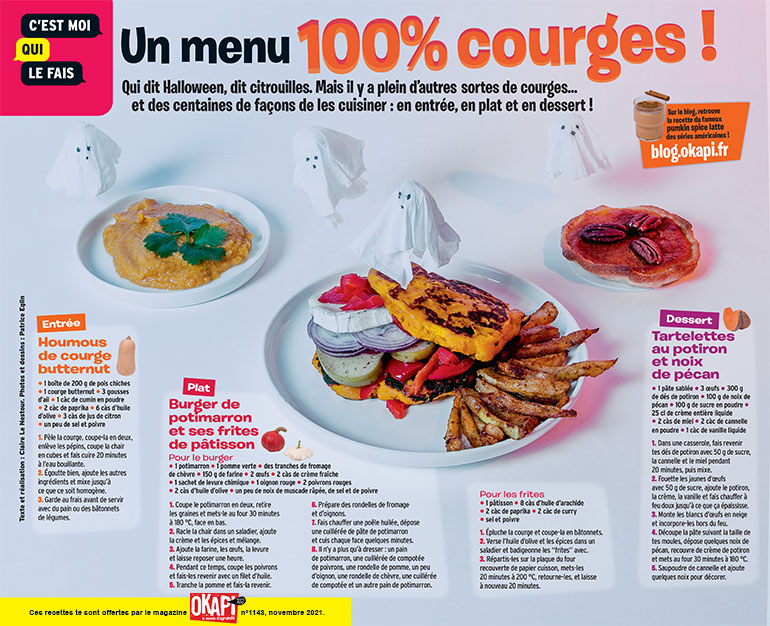 Photos et dessins : Patrice Eglin. Un menu 100% courges ! Okapi 1143, novembre 2021.