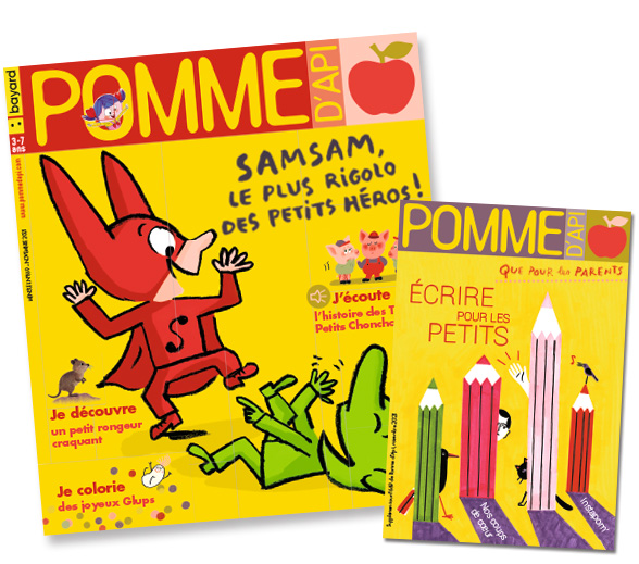 Couverture du magazine Pomme d'Api, n°669, novembre 2021, et son supplément pour les parents “Écrire pour les petits”