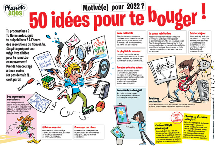 © Illustrations : Mauro Mazzari. ”En 2022 : 50 idées pour se bouger !”, article extrait du magazine Okapi n°1148, 15 janvier 2022.