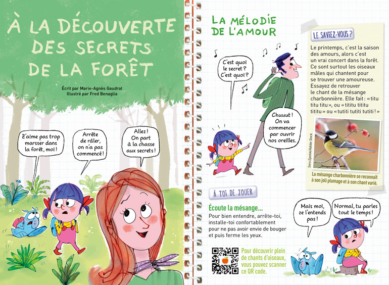 Écoutez en famille les chants des oiseaux. Supplément pour les parents du magazine Pomme d'Api n°675, mai 2022. Illustrations : Fred Benaglia.