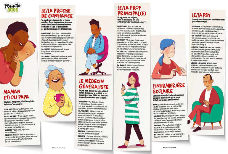 Parents, profs, médecins, psys… ces adultes qui peuvent aider les ados. Okapi n°1155, 1er mai 2022. Illustrations : Élodie Duhameau.