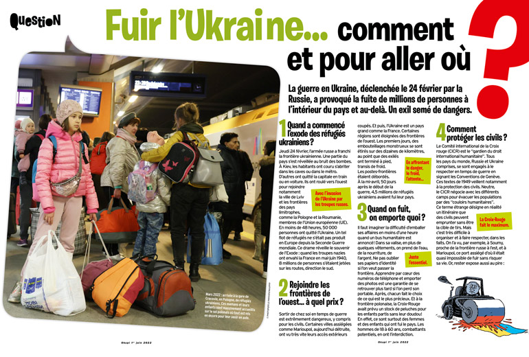 “Fuir l'Ukraine… comment et pour aller où ?”, Okapi n°1157. Texte : Anne-Claire Ordas, photo : Photopqr/Le Parisien/Maxppp, illustrations : Manu Boisteau.