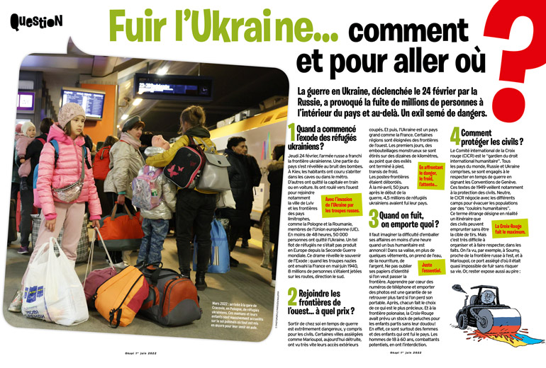 “Fuir l'Ukraine… comment et pour aller où ?”, Okapi n°1157. Texte : Anne-Claire Ordas, photo : Photopqr/Le Parisien/Maxppp, illustrations : Manu Boisteau.