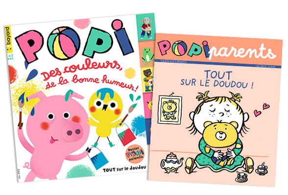 Couverture du magazine Popi n°430, juin 2022, et son supplément pour les parents : “Tout sur le doudou !”