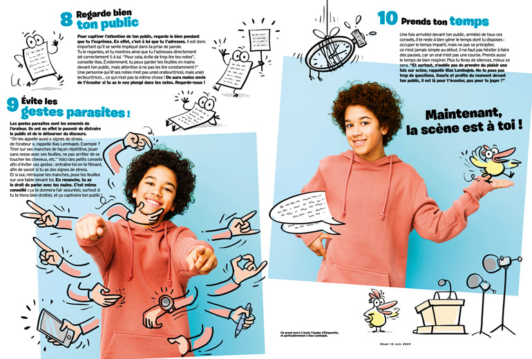 ”Deviens pro à l'oral !”, article extrait du magazine Okapi n°1158, 15 juin 2022. Illustrations : Mauro Mazzari. Photos : Asier-Adobestock.