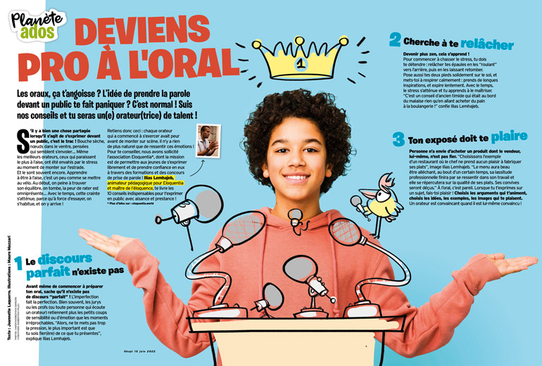 ”Deviens pro à l'oral !”, article extrait du magazine Okapi n°1158, 15 juin 2022. Illustrations : Mauro Mazzari. Photos : Asier-Adobestock.