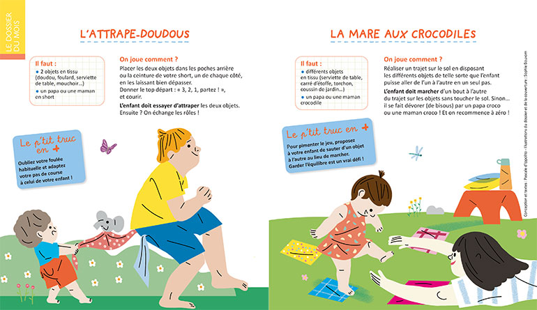 Deux activités à faire avec les enfants : l'attrape-doudous et la mare aux crocodiles. Supplément pour les parents du magazine Popi n°431, juillet 2022. Illustration : Sophie Bouxom.